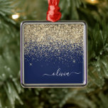 Adorno Metálico Nombre del monograma de la Purpurina espumosa azul<br><div class="desc">Nombre del Monograma del Purpurina Azul Oro y Marina y Ornamento de Navidad Inicial. Esto hace que el dulce perfecto cumpleaños 16,  boda,  ducha de novia,  aniversario,  ducha de bebé o fiesta de soltera sea regalo para alguien que ama el lujo glam y los estilos de moda.</div>