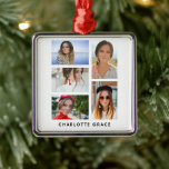 Adorno Metálico Nombre personalizado simple elegante multifoto<br><div class="desc">Simple Elegant Multi Photo Personalized Name Christmas Ornament incluye cinco de tus fotos favoritas con tu nombre personalizado personalizado en la tipografía moderna de escritura negra. Sencillo,  elegante y elegante. Creado por © Evco Studio www.zazzle.com/store/evcostudio</div>