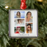 Adorno Metálico Nombre personalizado simple elegante multifoto<br><div class="desc">Simple Elegant Multi Photo Personalized Name Christmas Ornament incluye cinco de tus fotos favoritas con tu nombre personalizado personalizado en la tipografía moderna de escritura negra. Sencillo,  elegante y elegante. Creado por © Evco Studio www.zazzle.com/store/evcostudio</div>