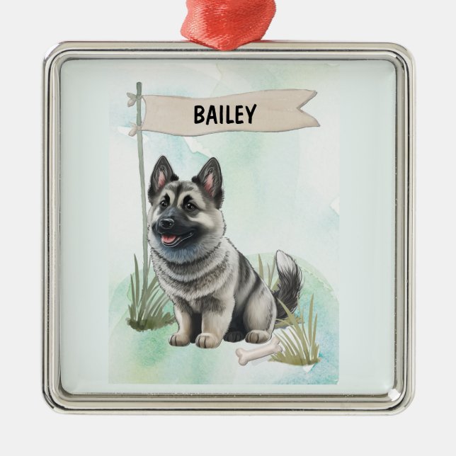 Adorno Metálico Norwegian Elkhound Watercolor Personalized Dog (Frente)