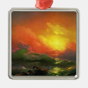 Adorno Metálico Novena Ola (mar de tormenta con atardecer rojo)