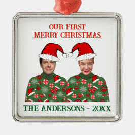 Adorno Metálico Nuestra primera foto graciosa de Navidad suéter fe