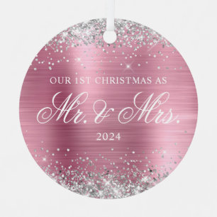 Adorno Metálico Nuestro 1er Navidad Purpurina Plateada Rosa Hologr