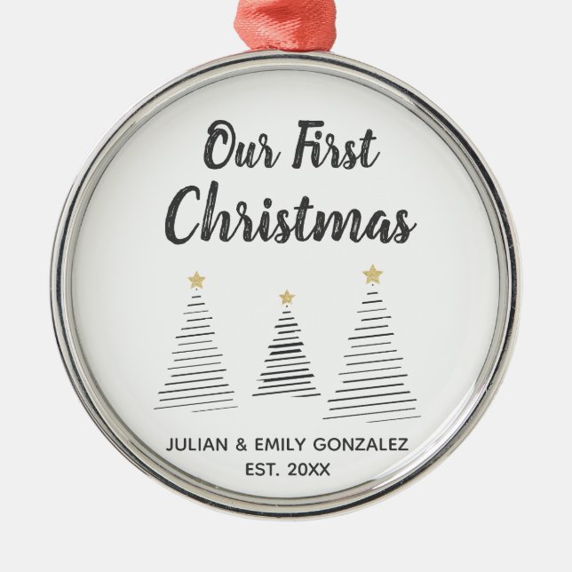 Adorno Metálico Nuestros primeros árboles elegantes blancos y negr (Frente)