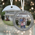 Adorno Metálico Nueva dirección residencial 1Navidades Sencillo 2<br><div class="desc">Celebra la alegría de tu nuevo lugar con un personalizado de dos fotos "Primera Navidad en nuestro nuevo hogar" color gris y blanco redondo adorno metalizado. Todas las imágenes y la redacción de esta plantilla son fáciles de personalizar. (CONSEJOS DE DISEÑO DE IMÁGENES Y TEXTO: 1) Para ajustar la posición...</div>
