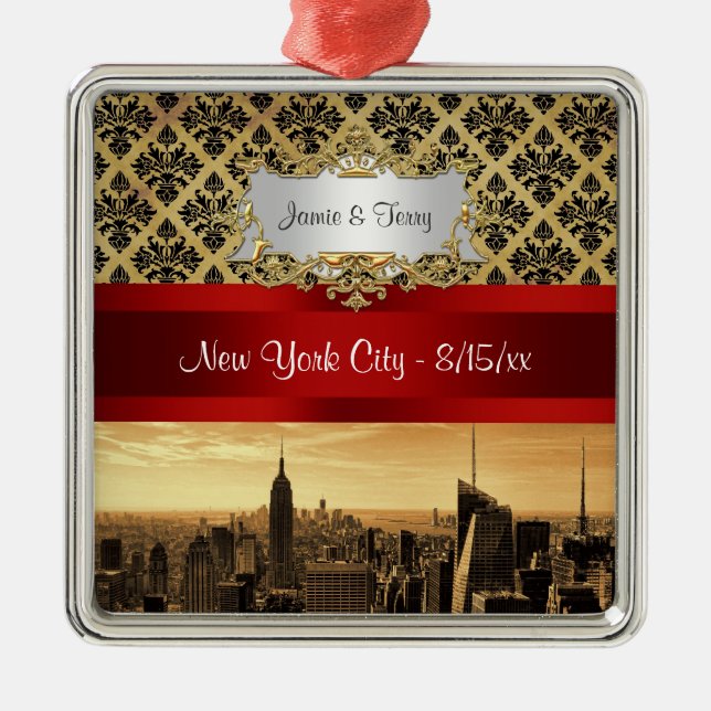 Adorno Metálico NY City Skyline Sepia B4 Damask Ornament (Frente)