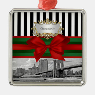 Adorno Metálico NYC Skyline Brooklyn Bridge Navidad Blk Wht Strp #