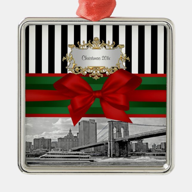 Adorno Metálico NYC Skyline Brooklyn Bridge Navidad Blk Wht Strp # (Frente)