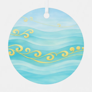 Adorno Metálico Ola de mar azul y dorada