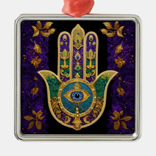 Adorno Metálico Oro de Mardi Gras Verde Púrpura Hamsas Arte