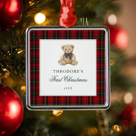 Adorno Metálico Oso de peluche de cuadros rojos primera Navidad de