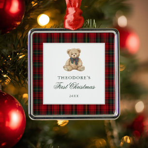 Adorno Metálico Oso de peluche de cuadros rojos primera Navidad de