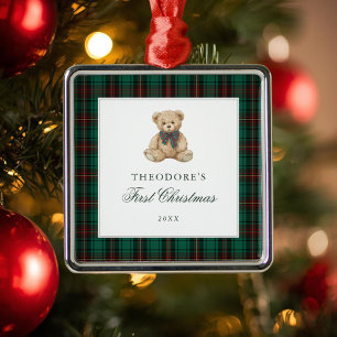 Adorno Metálico Oso de peluche de cuadros verdes primera Navidad