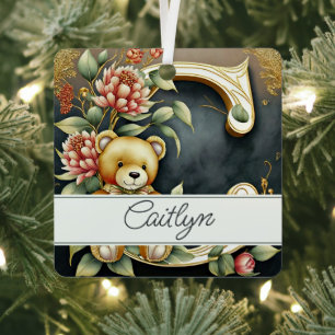 Adorno Metálico Oso de peluche floral con letra C personalizada