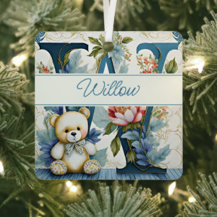 Adorno Metálico Oso de peluche floral personalizado con la letra W