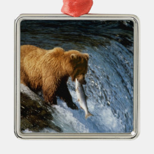 Adorno Metálico Oso Pardo de Alaska atrapando salmón en Brooks