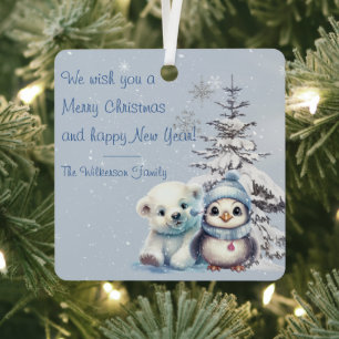 Adorno Metálico Oso Polar Adorable y Pingüino Navidad Polo Norte