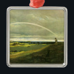 Adorno Metálico Paisaje con arcoiris (por Caspar David Friedrich)<br><div class="desc">Este diseño presenta un cuadro del artista romántico alemán del siglo XIX Caspar David Friedrich (1774-1840). Muestra un hermoso paisaje en el campo de Alemania. Hay campos verdes, árboles y casas de campo en la tierra. El cielo está nublado, tal vez porque recientemente ha habido una tormenta, sin embargo, hay...</div>