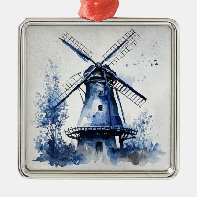 Adorno Metálico Paisaje de estilo Delft azul y blanco con molino d (Frente)