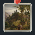 Adorno Metálico Paisaje romántico con complejo de monasterios<br><div class="desc">Este diseño presenta un cuadro del artista alemán Karl Friedrich Lessing (1808-1880). Muestra un paisaje hermoso y romántico en el campo de Alemania. El paisaje está arbolado y hay un monasterio construido como un castillo de cuento de hadas en una colina. Hay un monje y su asistente religioso en el...</div>