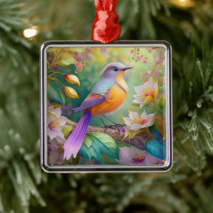 Adorno Metálico Pájaro de fantasía de cabeza lavanda y pecho naran