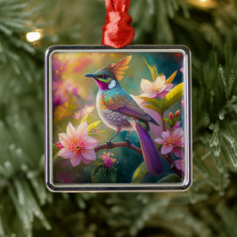 Adorno Metálico Pájaro de fantasía Jay Arcoíris con cresta naranja