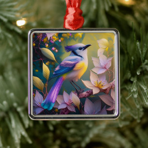 Adorno Metálico Pájaro Fantasía de Pecho Amarillo con Cresta Viole
