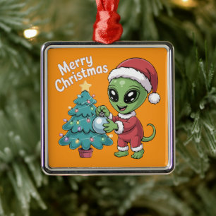 Adorno Metálico Papá Noel Alien Adorable Divertido Navidad Fiesta