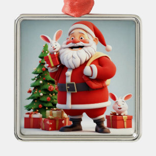 Adorno Metálico Papá Noel sosteniendo regalo con conejos