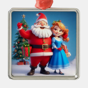 Adorno Metálico Papá Noel y la Doncella de Nieve celebrando la Nav