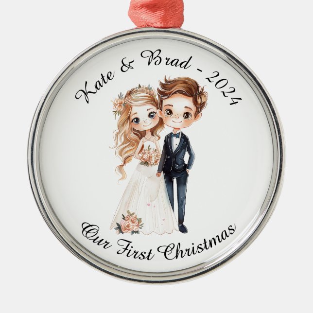 Adorno Metálico Pareja Boda personalizada, nuestra primera Navidad (Frente)