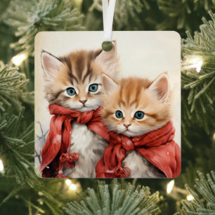 Adorno Metálico Pareja de gatitos naranjas preciosos en Navidad