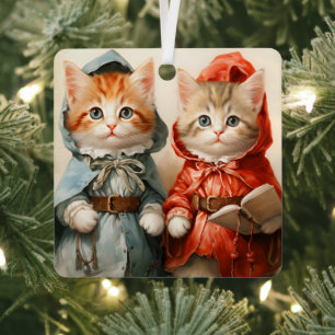 Adorno Metálico Pareja de gatitos naranjas preciosos en Navidad