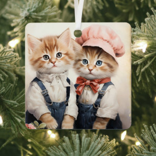 Adorno Metálico Pareja de gatitos naranjas preciosos en Navidad