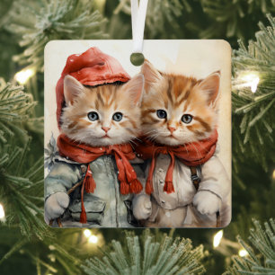 Adorno Metálico Pareja de gatitos naranjas preciosos en Navidad