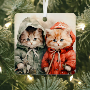Adorno Metálico Pareja de gatitos naranjas preciosos en Navidad