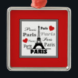 Adorno Metálico París<br><div class="desc">Ilustracion de diseño de textos en París con la Torre Eiffel y corazones rojos decoración en cuadrados negros y blancos sobre fondo rojo</div>