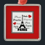Adorno Metálico París<br><div class="desc">Ilustracion de diseño de textos en París con la Torre Eiffel y corazones rojos decoración en cuadrados negros y blancos sobre fondo rojo</div>