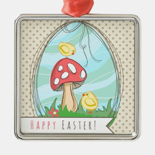 Adorno Metálico Pastel de Pascua con hongos Feliz Pascua (Frente)