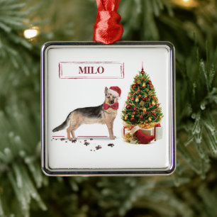 Adorno Metálico Pastor Alemán Perro Divertido de Navidad con Árbol