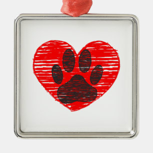 Adorno Metálico Paw De Perro Esbozada En El Corazón Rojo
