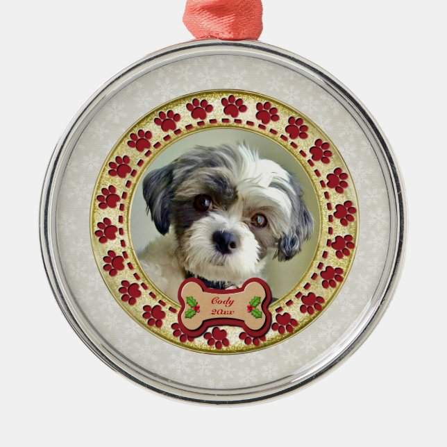 Adorno Metálico Paw Prints and Gold Frame Custom Pet Photo (Frente)