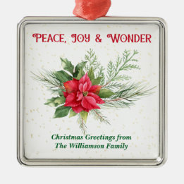 Adorno Metálico Paz Alegría y Maravilla Poinsettia Roja de Navidad