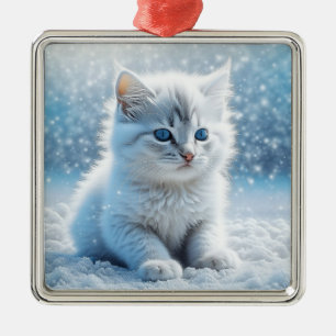 Adorno Metálico Pequeño gatito blanco en Navidades de nieve