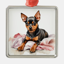 ADORNO METÁLICO PEQUEÑO PERRO PINSCHER DE MINIATURA NEGRA Y TÁN