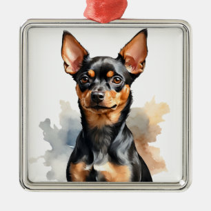 ADORNO METÁLICO PEQUEÑO PERRO PINSCHER DE MINIATURA NEGRA Y TÁN
