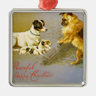 Adorno Metálico Perritos en la paja, postal del Victorian