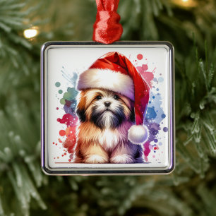 Adorno Metálico Perro Apso Lhasa en Navidades de Santa Hat
