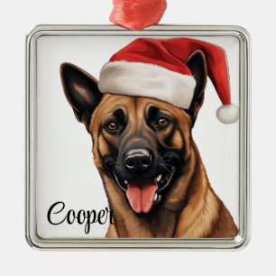 ADORNO METÁLICO PERRO BELGIANO MALINOIS CON SANTA HAT