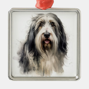 ADORNO METÁLICO PERRO COLLIE GREÑUDO GRIS Y CON BARBA BLANCA
